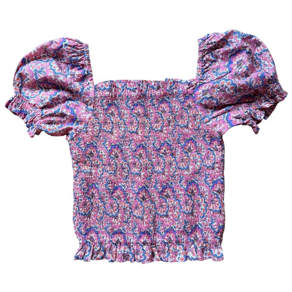 Mini Boden Girls Smocked Puff Sleeve Floral‎ Top 11-12Y Pink Boho Ruffle Hem